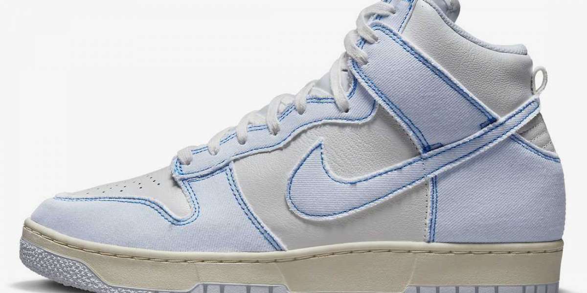 This pair of Nike Dunk High 1985 "Blue Denim" DQ8799-101 has a surprise in shape, material and appearance!